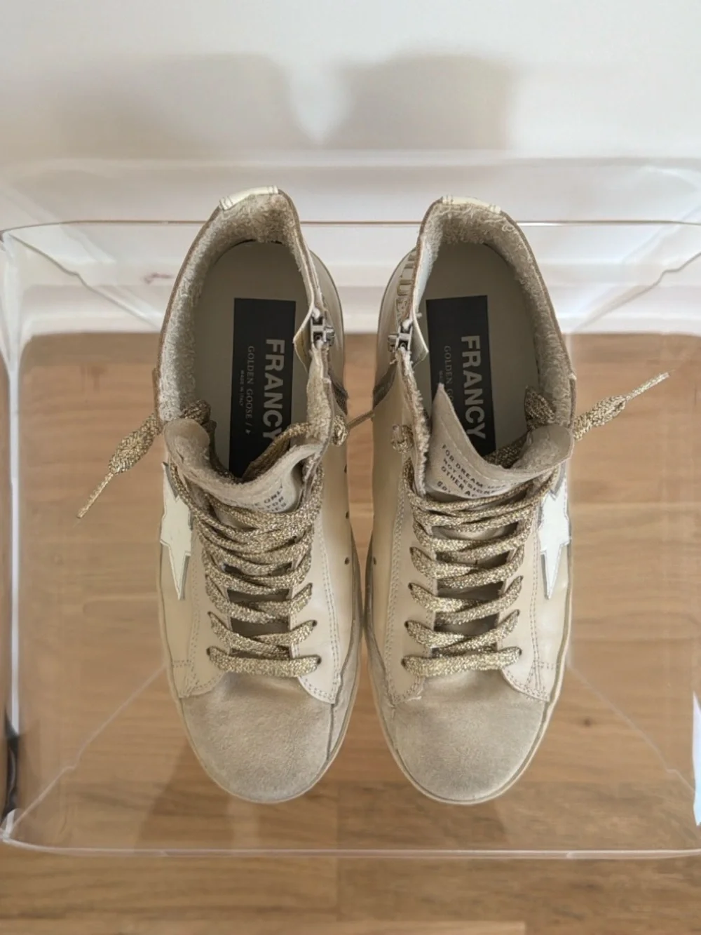 Golden Goose Cream Francy Suede High-Top Sneakers with Gold Metallic Laces - Picture 2 of 6